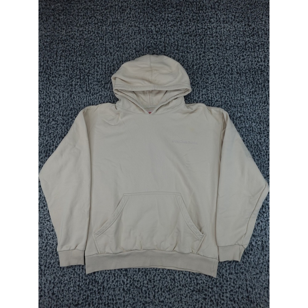 Dog Club Social Hoodie Men Medium Cream Beige Embroidered Pullover 11882